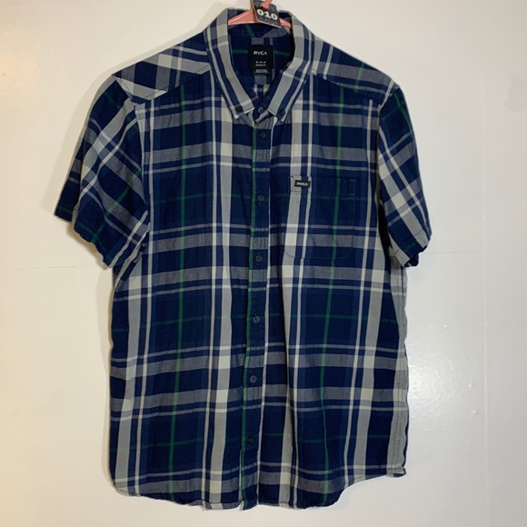 RVCA Regular Fit Short Sleeve Plaid Navy White Green Medium - Picture 1 of 3